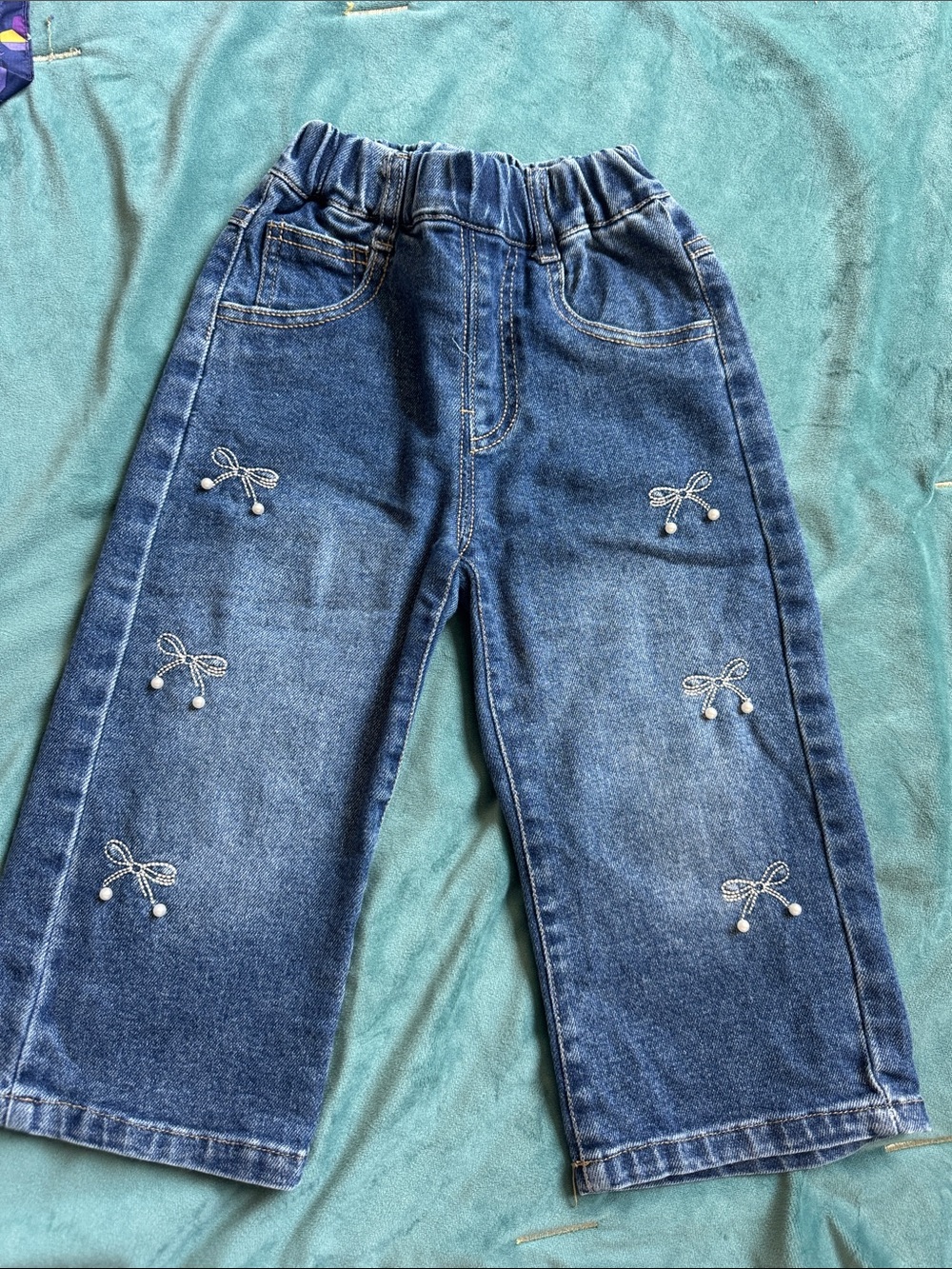Girls Wide Denim Jeans with Pearl Bow Accents